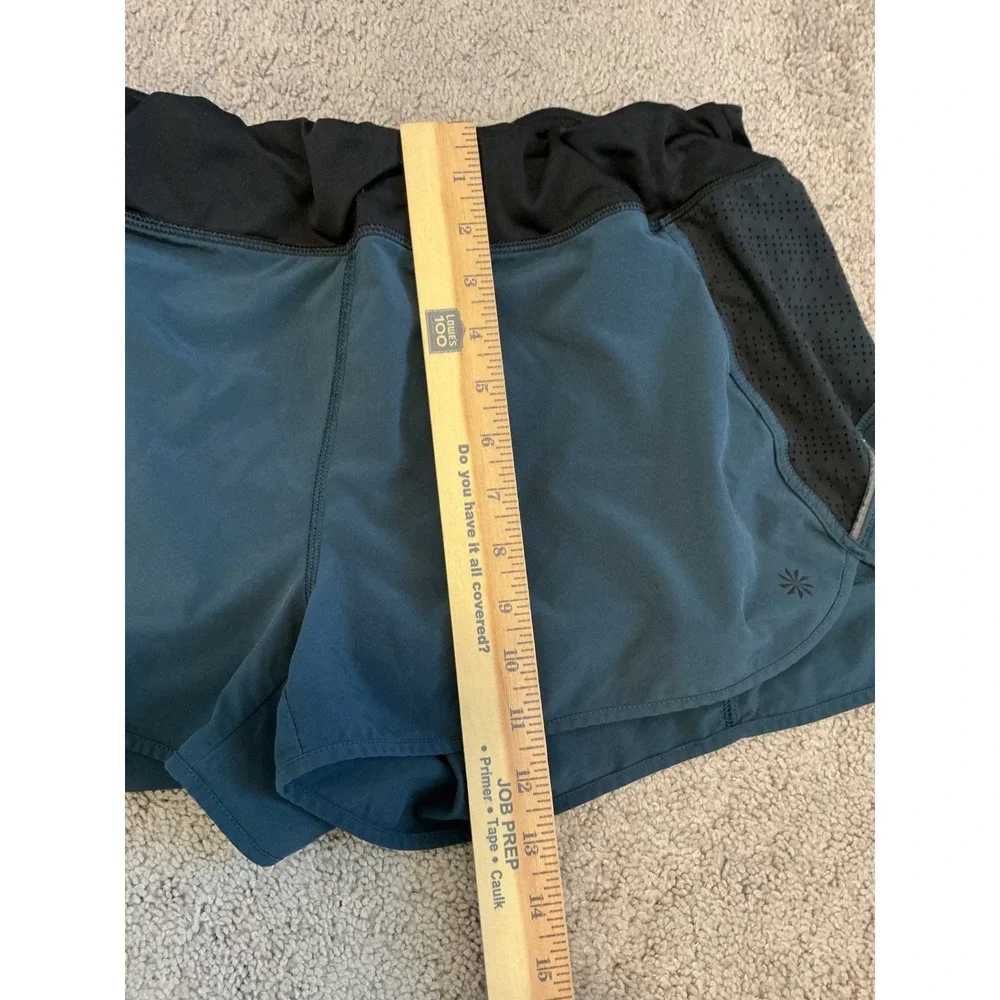 Athleta Womens Mesh Panel Running Shorts Teal Blue Black XL Zipper Pocket